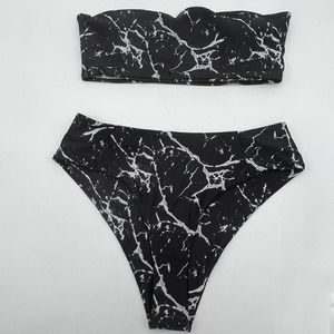 NEW SHEIN Bikini Large Marble Pattern Bandeau High Waisted Swimsuit Two Piece 10